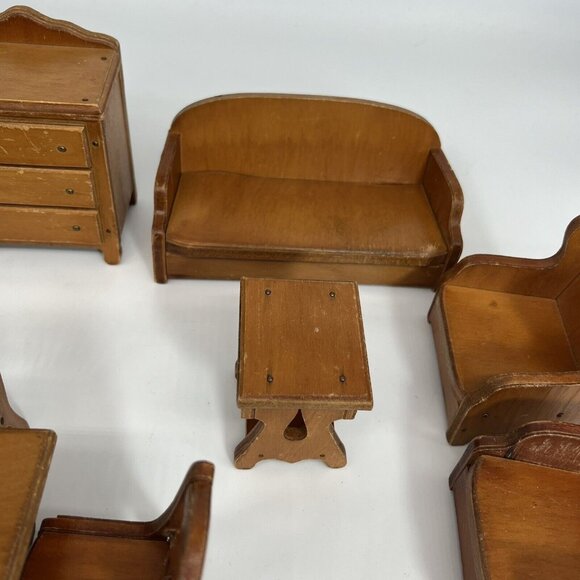 Vintage Wanner Grand Rapids Wood Dollhouse Furniture Lot of 10 USA Chairs Tables - Picture 3 of 10